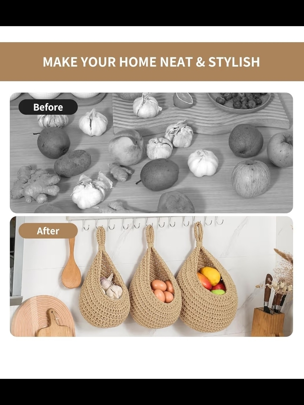 Boho Wall Hanging  Storage Baskets - Natural Beige (Set of 3